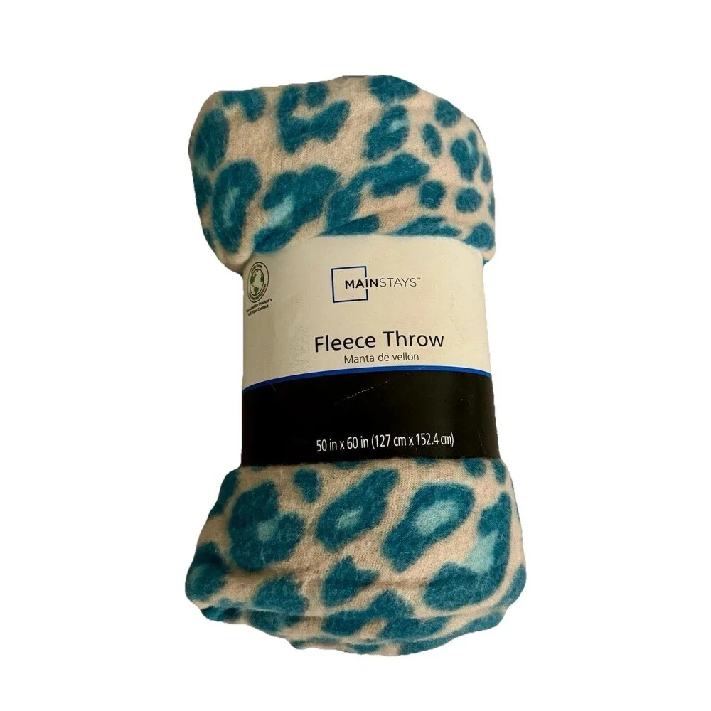 MainStay Tan/Beige Leopard Green/Aqua spots pattern Theme 50x60 fleece throw